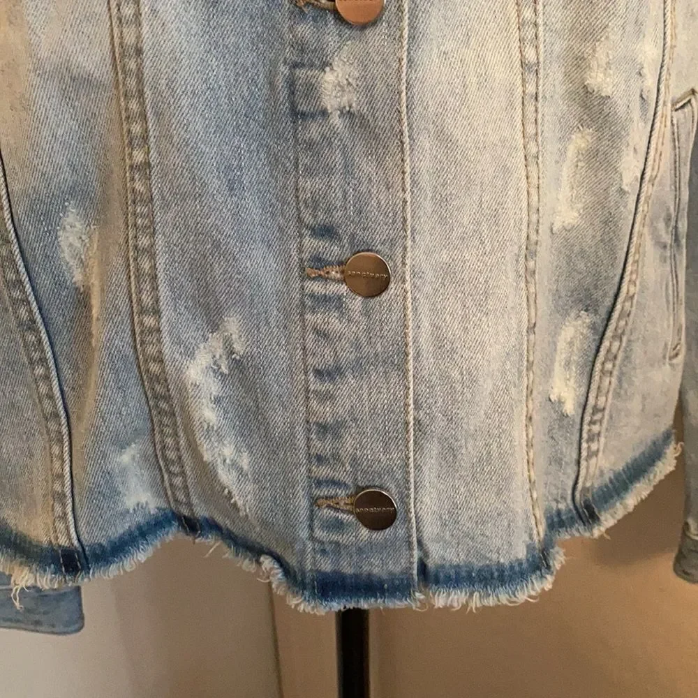 Sanctuary Milkyway Walker Intentional Factory Blue Distressed Denim Boho Jacket